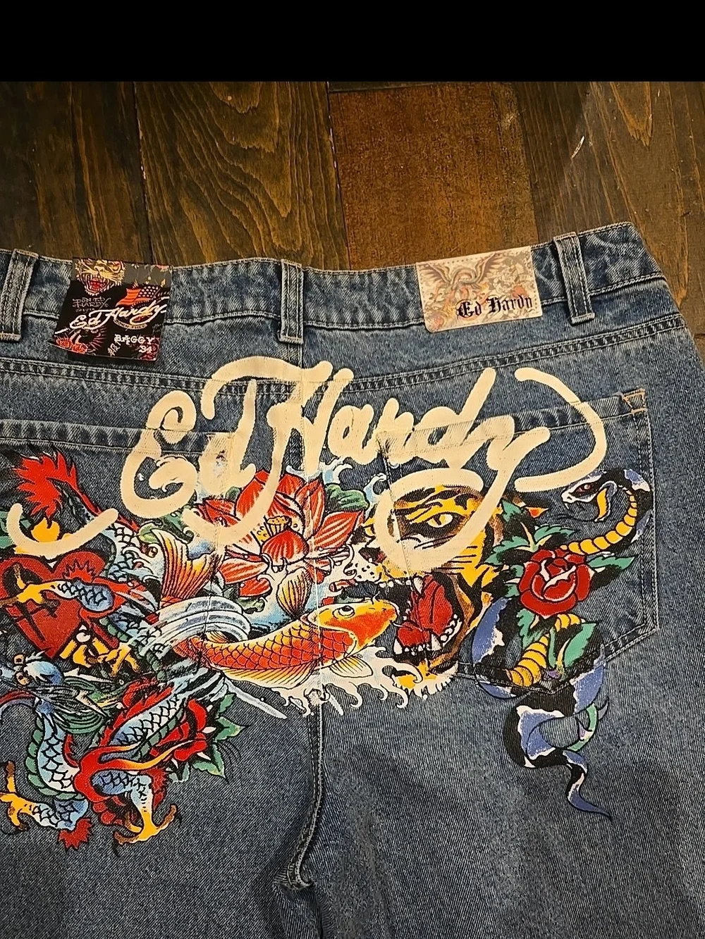 Ed Hardy Blue Denim Wide-Leg Jeans with Colorful Embroidered Back - Picture 2 of 5